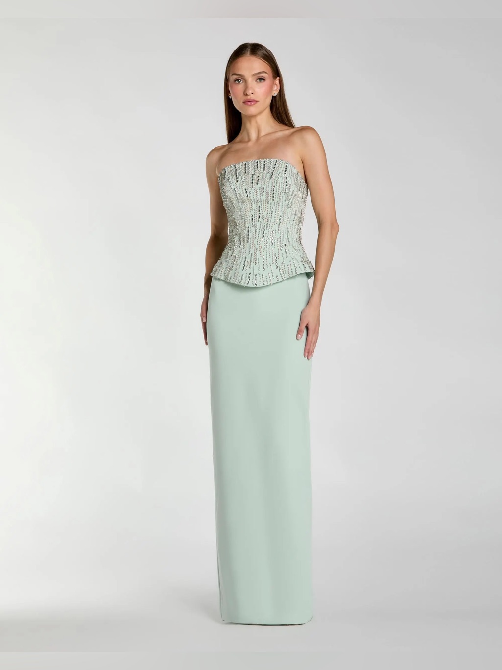 Mac Duggal Green Embellished Crepe Strapless Column Gown Size 6